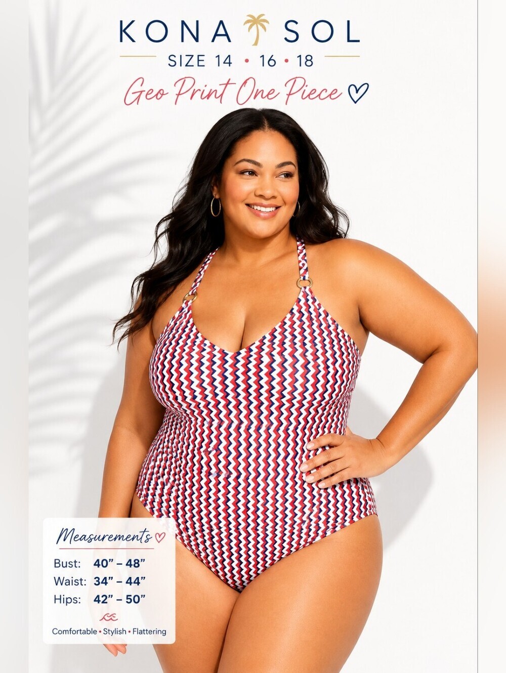Kona Sol Geo Print One Piece Swimsuit Various Sizes Red White Blue Tummy Control